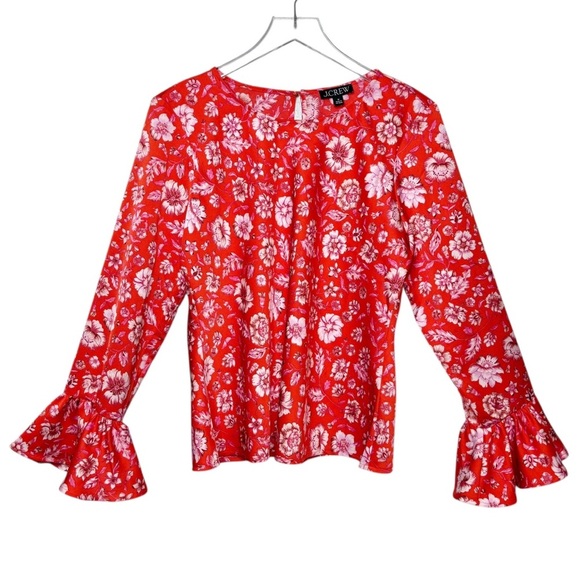 J. Crew Winter Garden Red Floral Poppy Ruffle Flare Women’s Blouse Sz M - Picture 1 of 10